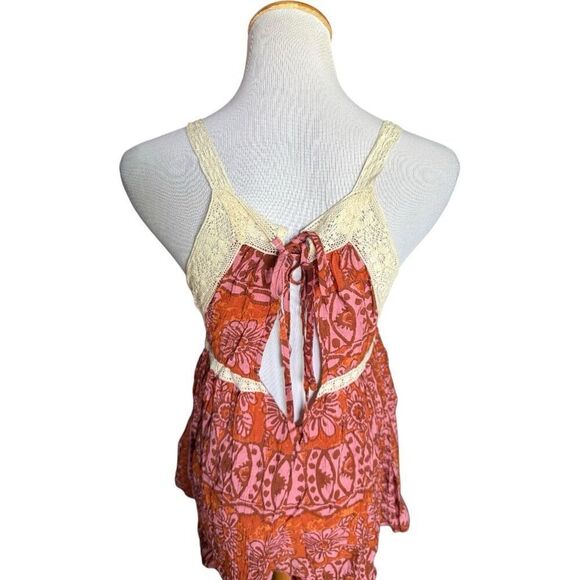 Womens Urban Outfitters UO Floral Rust Printed Lace Trim Romper - Sz L - Picture 5 of 5